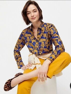 J Crew Collection 100% Silk Sleepy Lions Button Top Shirt Womens 00 XS Graphic